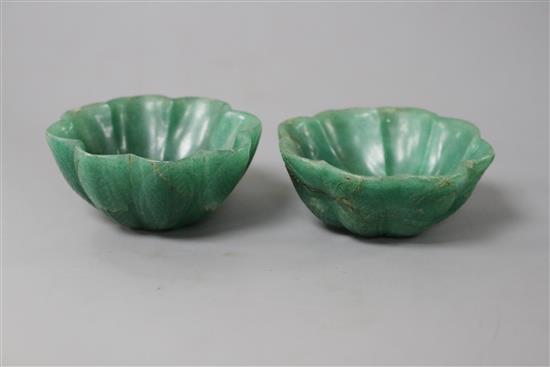 A pair of Mughal style green aventurine quartz petal lobed bowls, both with natural inclusions to the stone, diameter 7.2cm